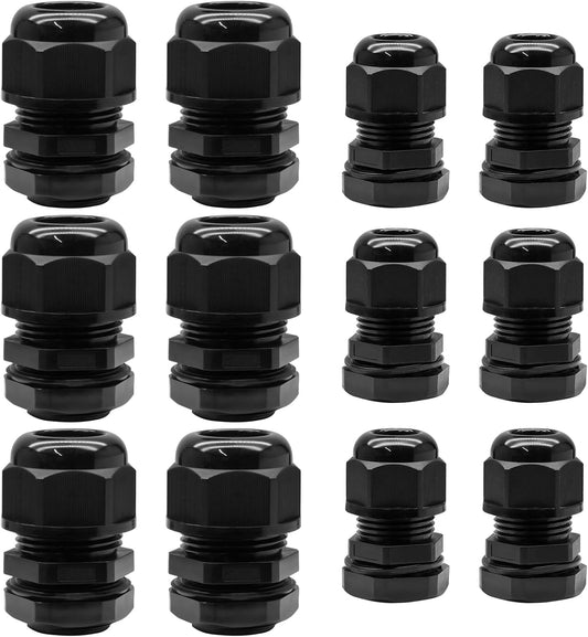 12 Pcs Nylon Cable Glands, Black Strain Relief Cable Cord Connector IP68 Waterproof Junction Box Wire Protectors Adjustable (6 Pcs 3/4" NPT + 6 Pcs 1/2" NPT)
