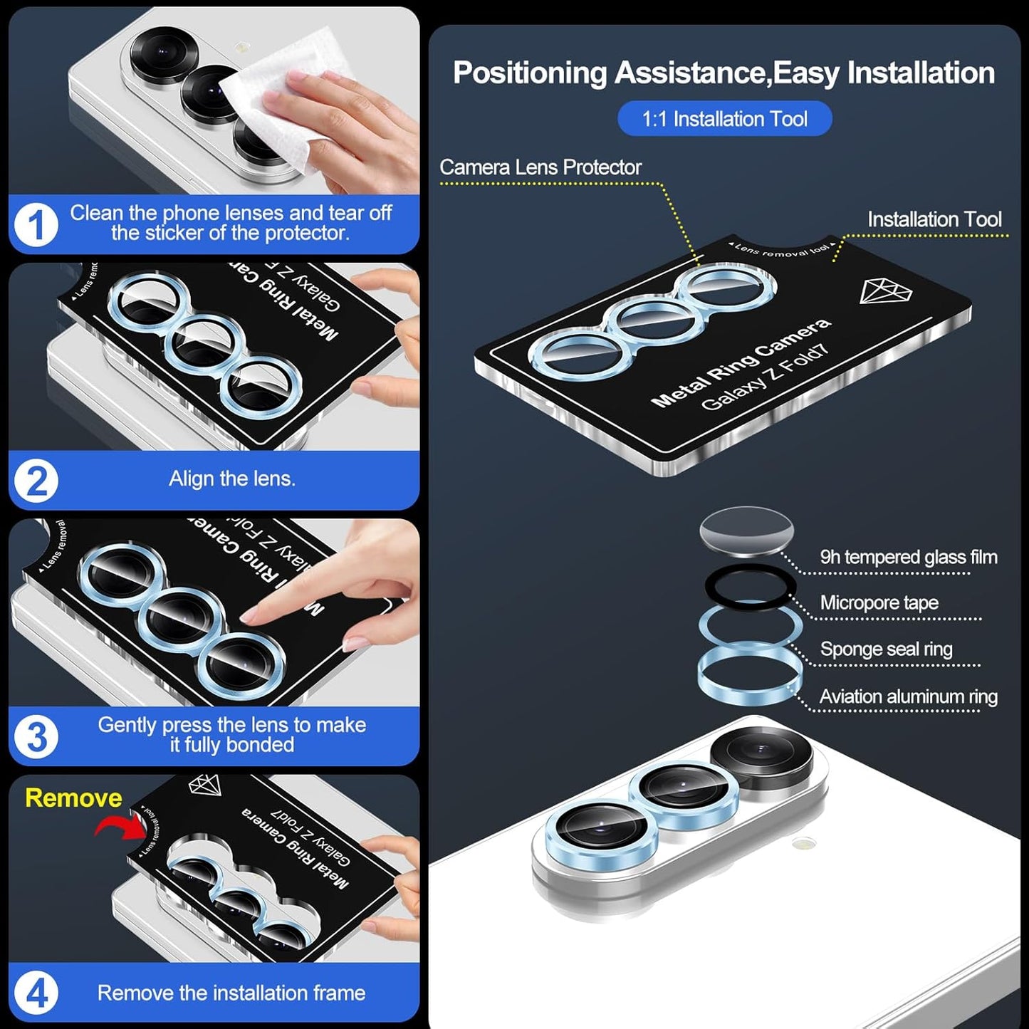 for Samsung Galaxy Z Fold 7 Camera Lens Protector, Individual Metal Ring Tempered Glass Lens Cover, [Strong Adsorption] Scratch Resistant Ultra-Thin HD Clear Lens Cover, 1 Set-Blue