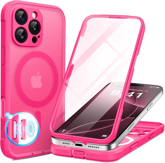 BERFY Magnetic for iPhone 16 Pro Max Case, Compatible with MagSafe, [Built-in 9H Tempered Glass Screen Protector & Camera Protection] Full Body Translucent Matte Phone case for 16 Pro Max, Hot Pink