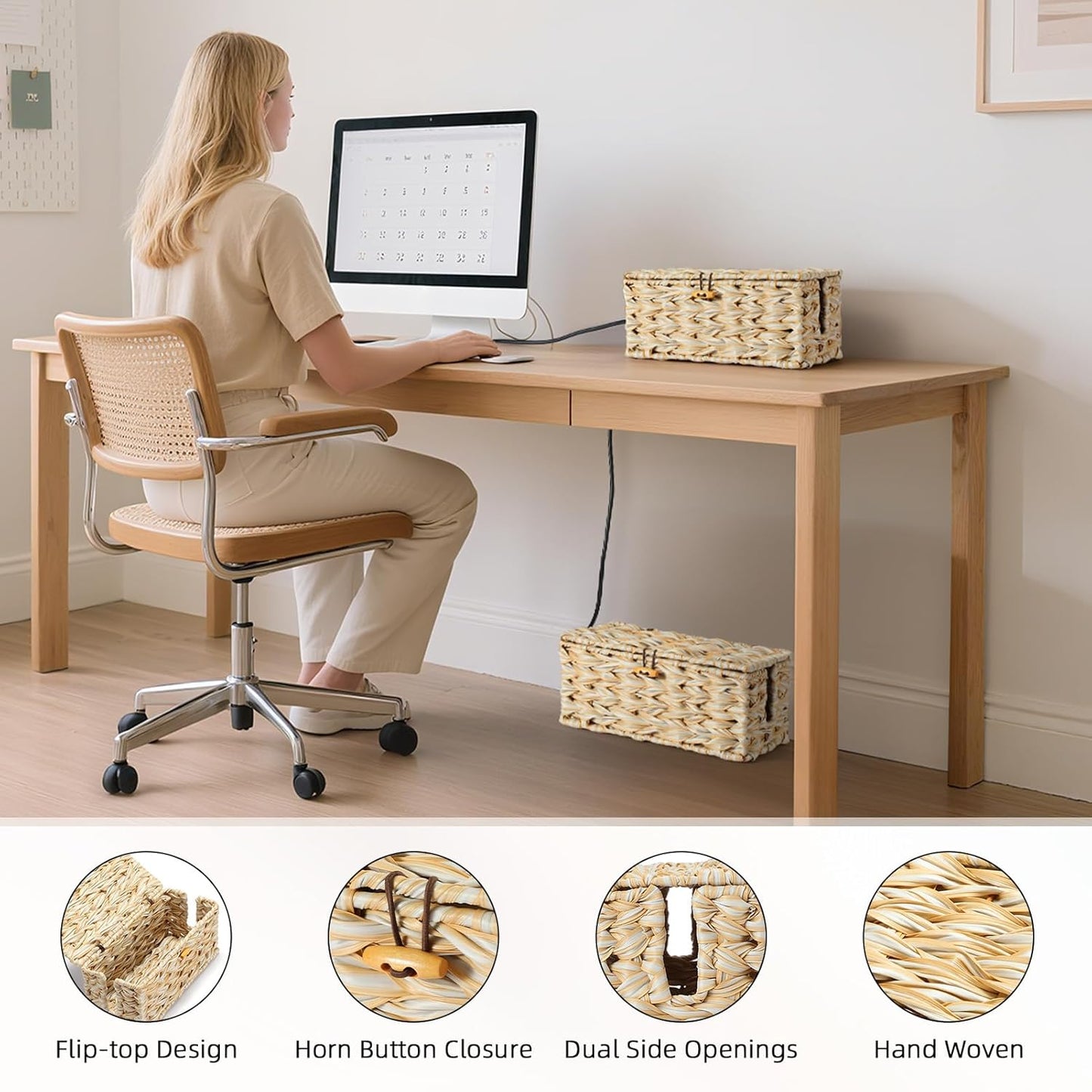 Delamu Handmade Synthetic Rattan Cable Management Box, Flat Weave Desk Organizer with Wire Management, Multi Purpose Cord Hider Box, 12.5" Lx 5.3" Wx 5.3" H, Natural & White