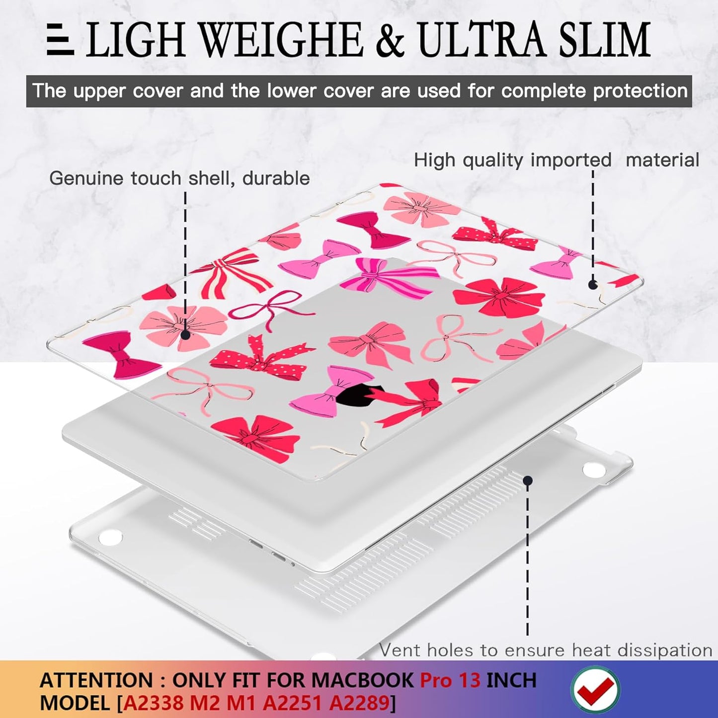 CISSOOK Compatible with MacBook Pro 13 inch 2025-2016 Release M2 M1 Chip A2338 A2251 A2289 A2159 A1989 A1706 Model, Plastic Hard Shell Case with Keyboard Cover&Screen Protector, Pink Bows