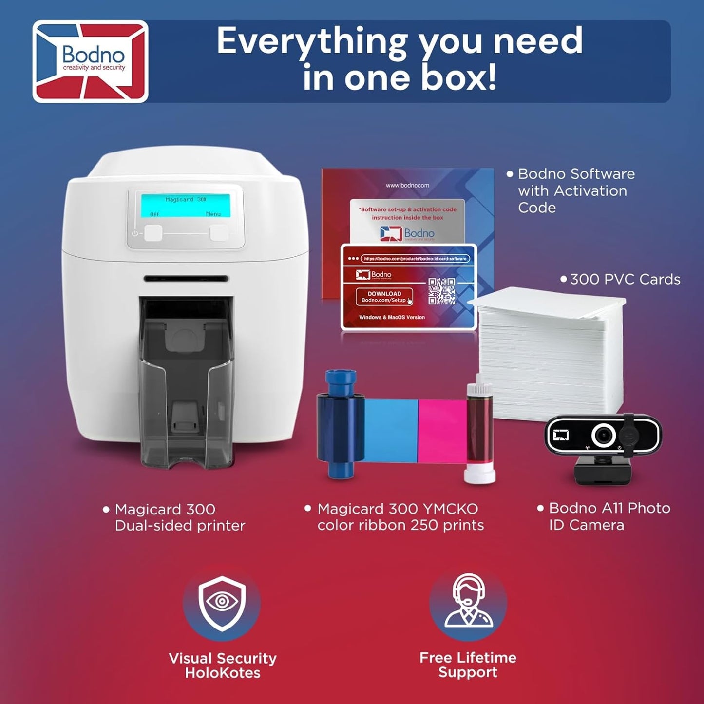 Bodno Magicard 300 Dual Sided ID Card Printer & Complete Supplies Package ID Software - Gold Edition