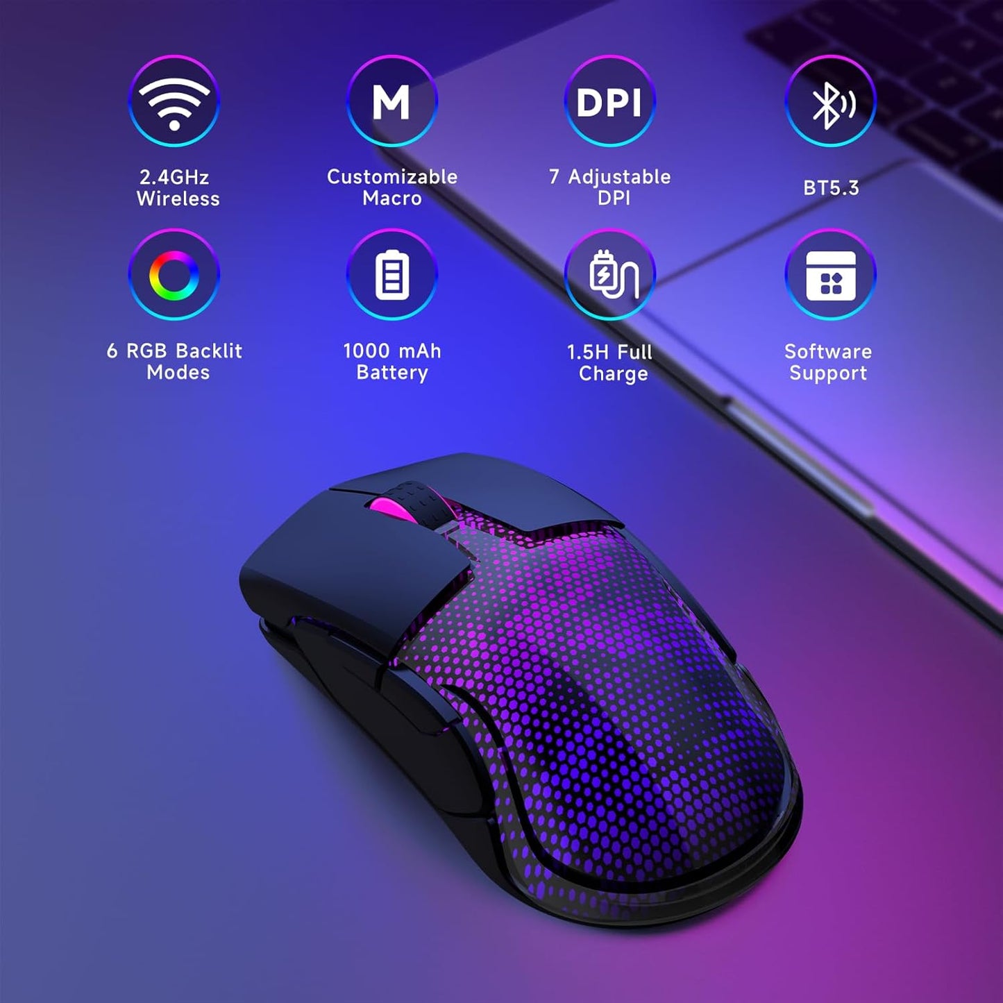 FFJ Master02 Wireless Gaming Mouse, 12000 DPI, Tri-Mode 2.4G/USB-C/Bluetooth 5.3 Gaming Mouse, Large RGB Backlit, 6 Programmable Buttons, 75Hr Battery Life for PC, Mac, Laptop, PS5, Xbox - Black