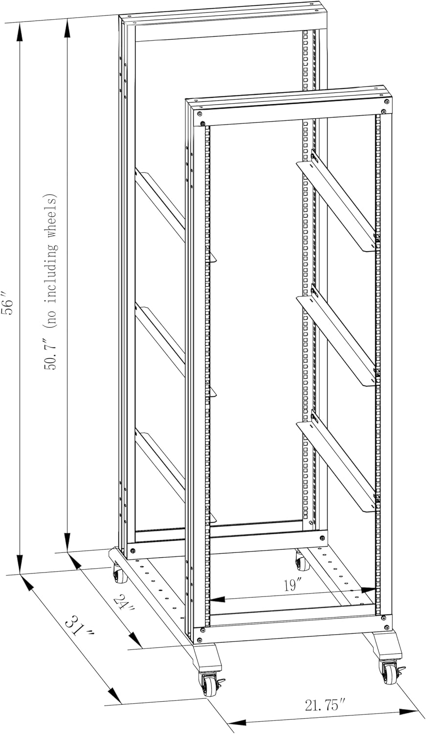 27U Server Rack/4-Post 19in Network Rack/Open Frame Rack with Wheels, Heavy-Duty Frame Cabinet/Adjustable Depth 24-22in GLOBALRACK(4POST-800-27U)