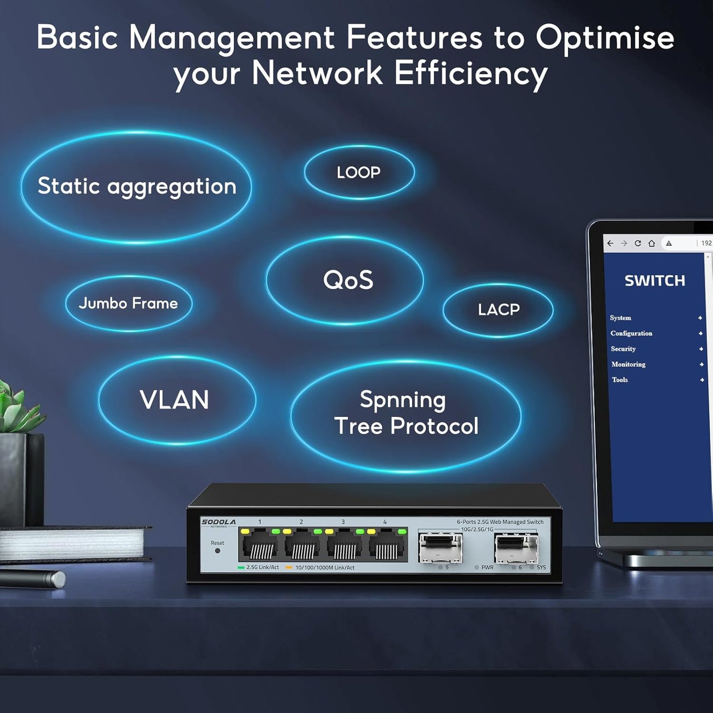 SODOLA 6 Port 2.5G Easy Web Managed Switch, 4 x 2.5G Base-T Ports, 2 x 10G SFP+, Static Aggregation,QoS/VLAN/IGMP, 2.5Gb Network Homelab Switch