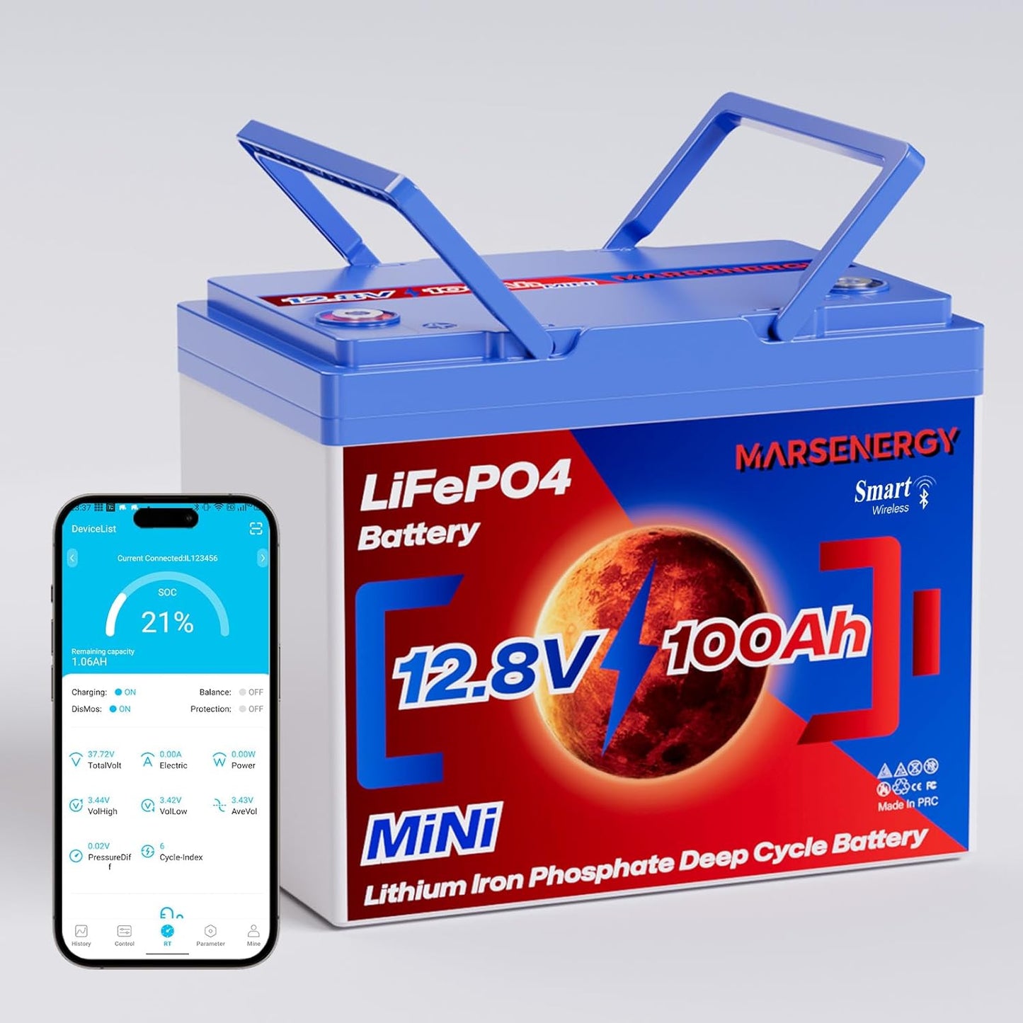 12V 100Ah Lifepo4 Battery, Bci Group 24, Built-In 100A Smart BMS, 4500 To 15000 Deep Cycle Grade A Cells Lithium Battery For Rv, Trolling Motor, Marine, Home Energy Storage, Solar Panel System (BT1PC)