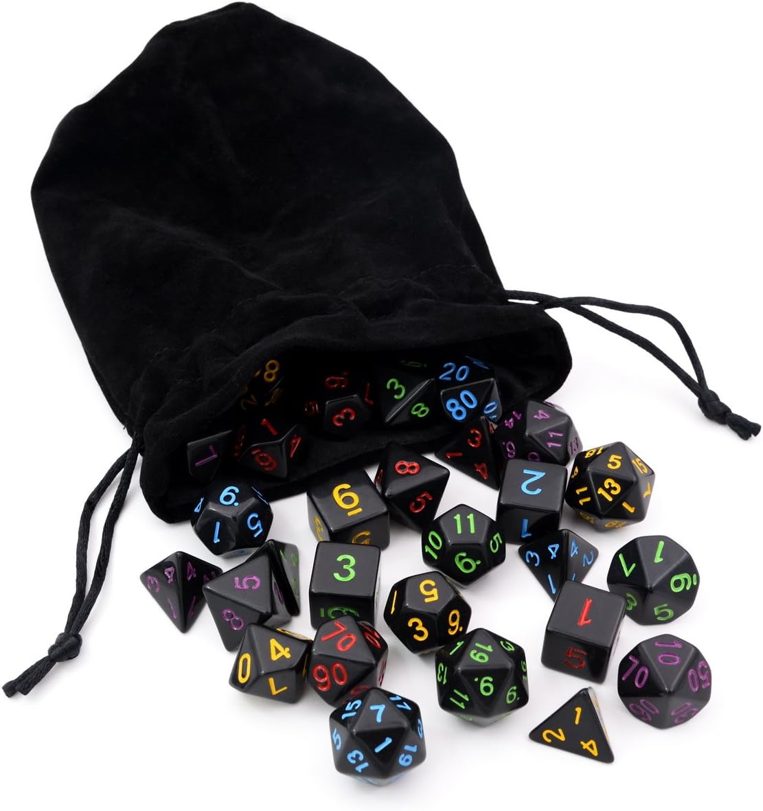 5 Sets New Black Polyhedral Dice with Satin-Lined Velvet Bag for Dungeons and Dragons DND RPG MTG D20 D12 D10 D8 D6 D4