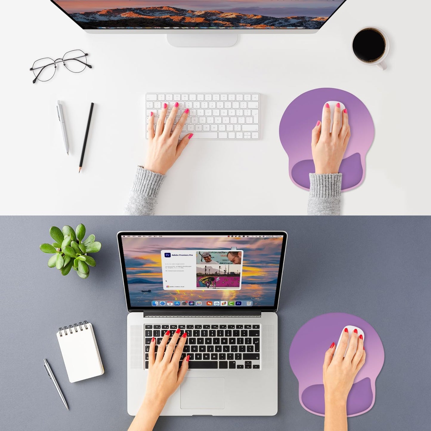ITNRSIIET Ergonomic Mouse Pad with Wider Memory Foam Wrist Rest +17% - Curved Cushion Reduces Pressure 20%, Pain Relief, Non-Slip, Smooth, Cute Colors, 9.85 x 9 in, Purple Pink Gradient