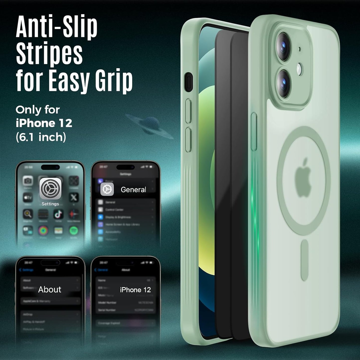 Designed for iPhone 12 Case, Compatible with MagSafe, with Privacy Screen Protectors X2, [Camera Protection] [15FT Military Drop Protection] Shockproof Phone Case, 6.1", Calke Green