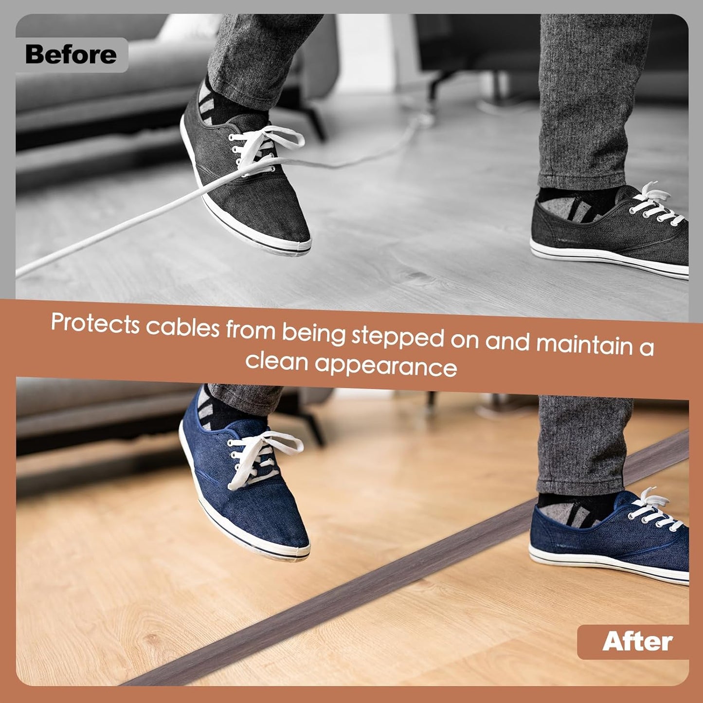 Floor Cord Cover for Wires on Floor Self Adhesive Cord Hider Floor Cable Management Wire Covers for Cords Protector Prevent Cable Trips Cord Cavity W 0.51" x H 0.31", Grayish Brown Wood, 10Ft