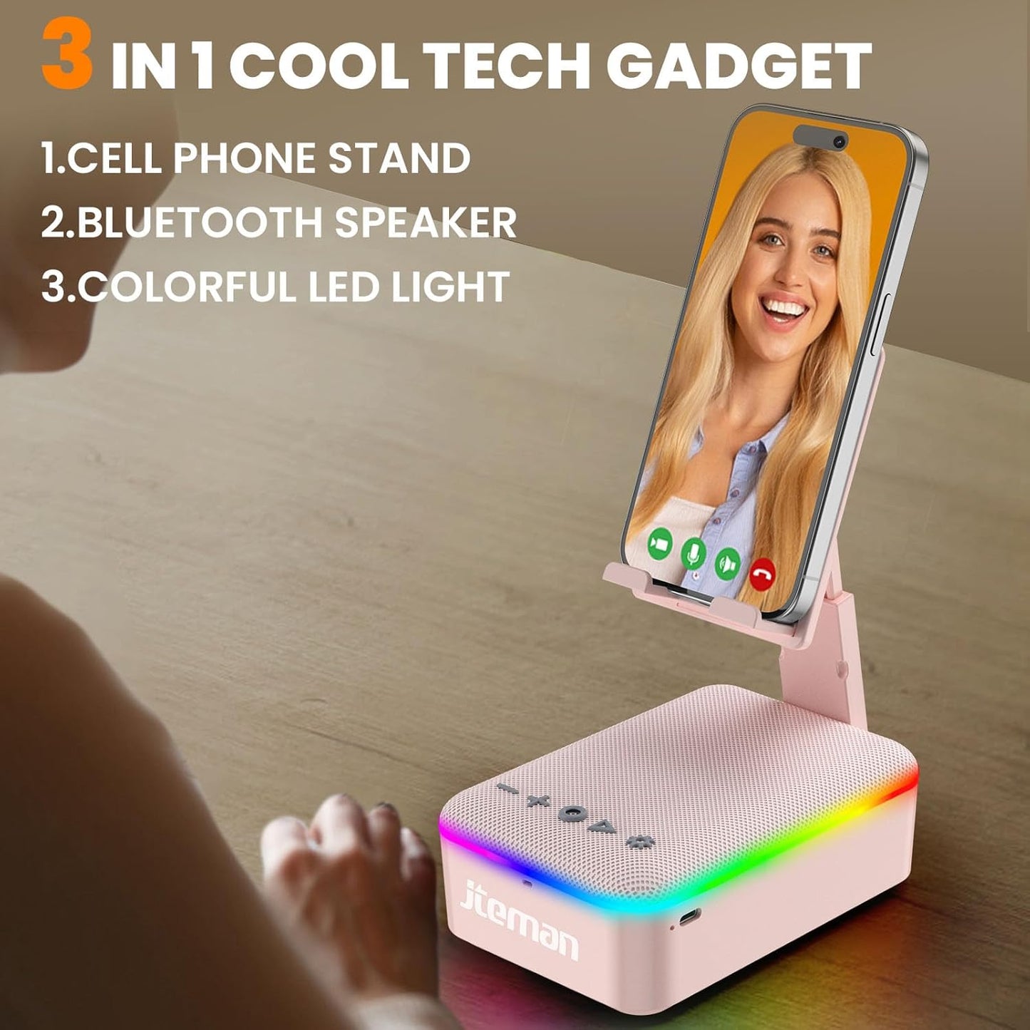 JTEMAN Gifts for Men Women,Cell Phone Stand with Bluetooth Speaker and LED Light,Cool Tech Gadgets,Unique Birthday Gifts for Men Husband Mom Dad-Pink
