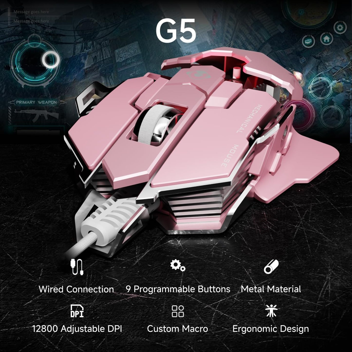 EWEADN G5 Wired Gaming Mouse, Ergonomic RGB Computer Mouse, 12800 Adjustable DPI, 9 Programmable Macro Buttons with Rapid Fire Key Compatible for PC/Laptop/Windows-Pink