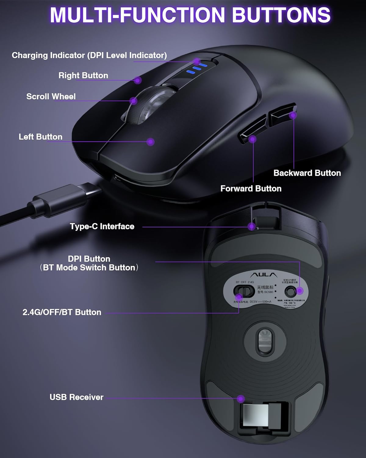 AULA SC580 Wireless Gaming Mouse, Tri-Mode 2.4G/BT5.0/USB-C Gaming Mouse, 12000 DPI Rechargeable Wireless Mouse with 6 Programmable Buttons, Ergonomic Computer Mouse for Laptop/PC/Mac/Tablet