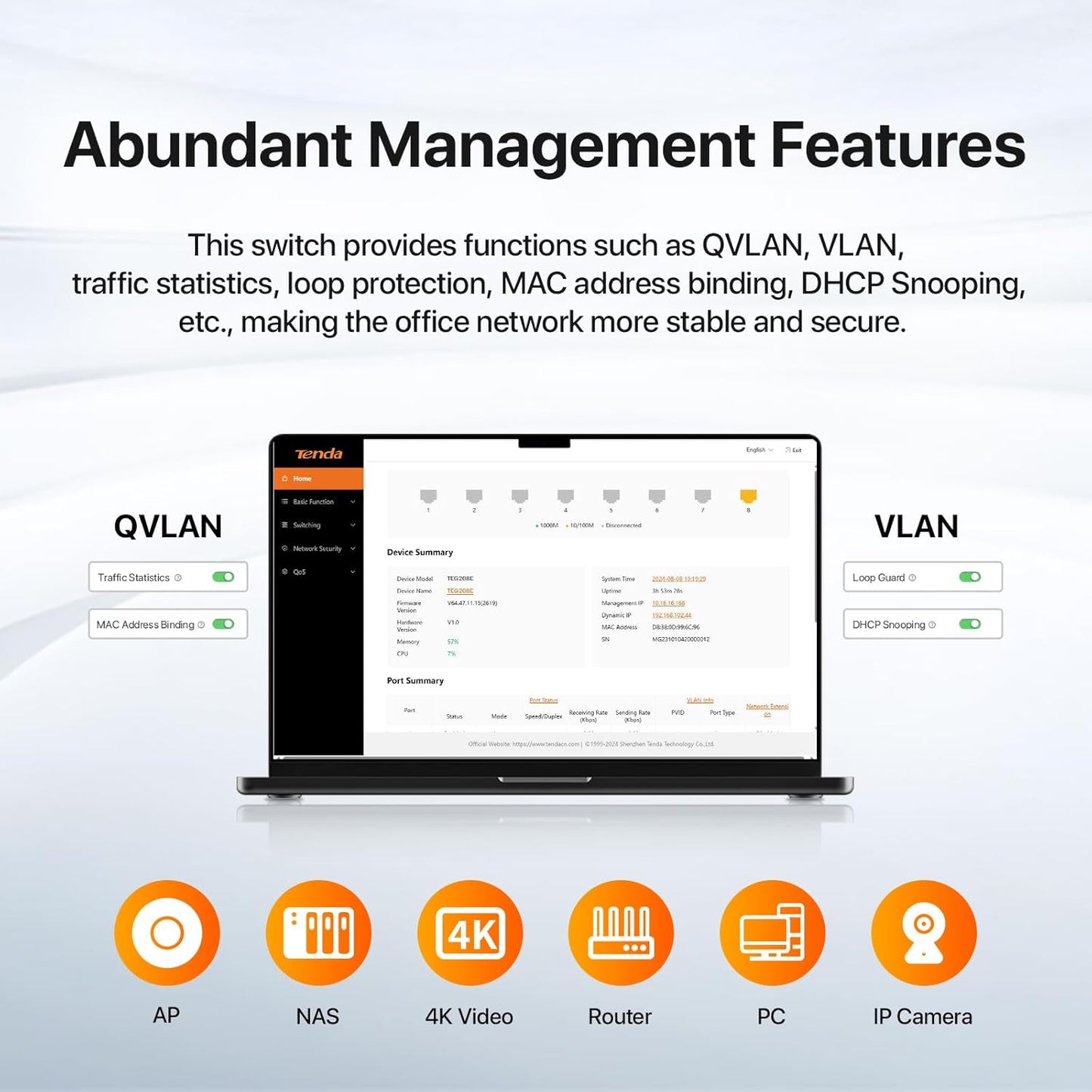 Tenda TEG208E 8 Port Managed Gigabit Switch, Easy Smart Managed, Base-T Ports, Desktop/Wall-Mount, VLAN/IGMP/LAG/QoS, 16Gbps Switching Capacity, Fanless Metal Design