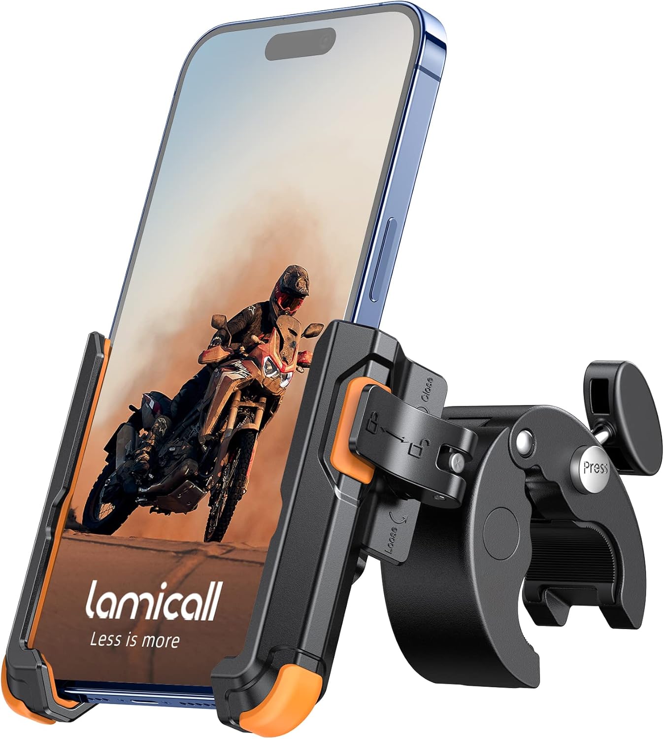 Lamicall Motorcycle Phone Mount Holder - [Camera Friendly] [1s Lock] Bike Phone Holder Handlebar Clamp, Bicycle Scooter Phone Clip, for iPhone 16 Pro Max, 15 14 13, Galaxy, 4.7-7" Phones, Orange
