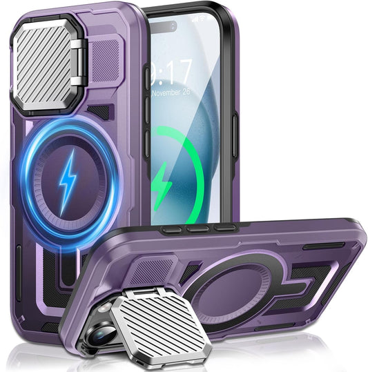Camera Stand Case for iPhone 15, [Compatible with Mag Safe] [Lens Cover] 2024 Version Military Grade Protective Soft Case for iPhone 15 6.1 inch Men Women, Purple
