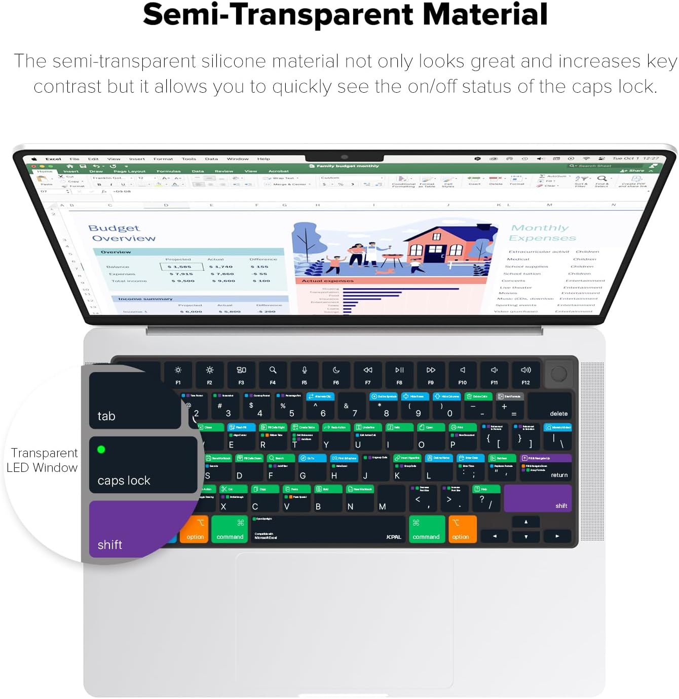 JCPal Microsoft Excel Shortcut Guide Keyboard Cover for Apple MacBook Pro 14 inch and MacBook Pro 16 inch (M1-M4 Models) and MacBook Air 13 inch and MacBook Air 15 inch (M2-M4 Models) (US-Layout)