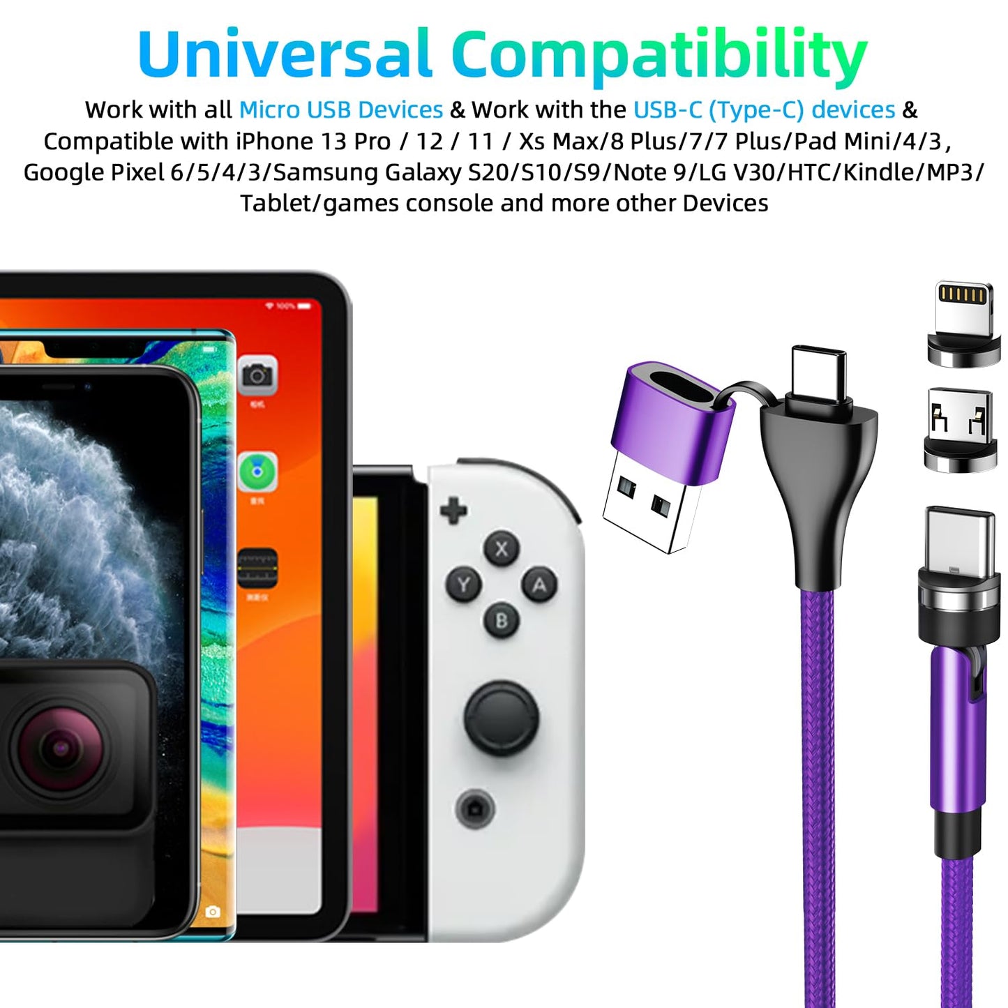 5-in-1 Magnetic Charging Cable, 540° Rotation Magnetic Phone Charger [4-Pack, 3ft/3ft/6ft/10ft] USB A/Type C Fast Charging Charger Cable for iproduct/Micro USB/USB C Devices-Purple