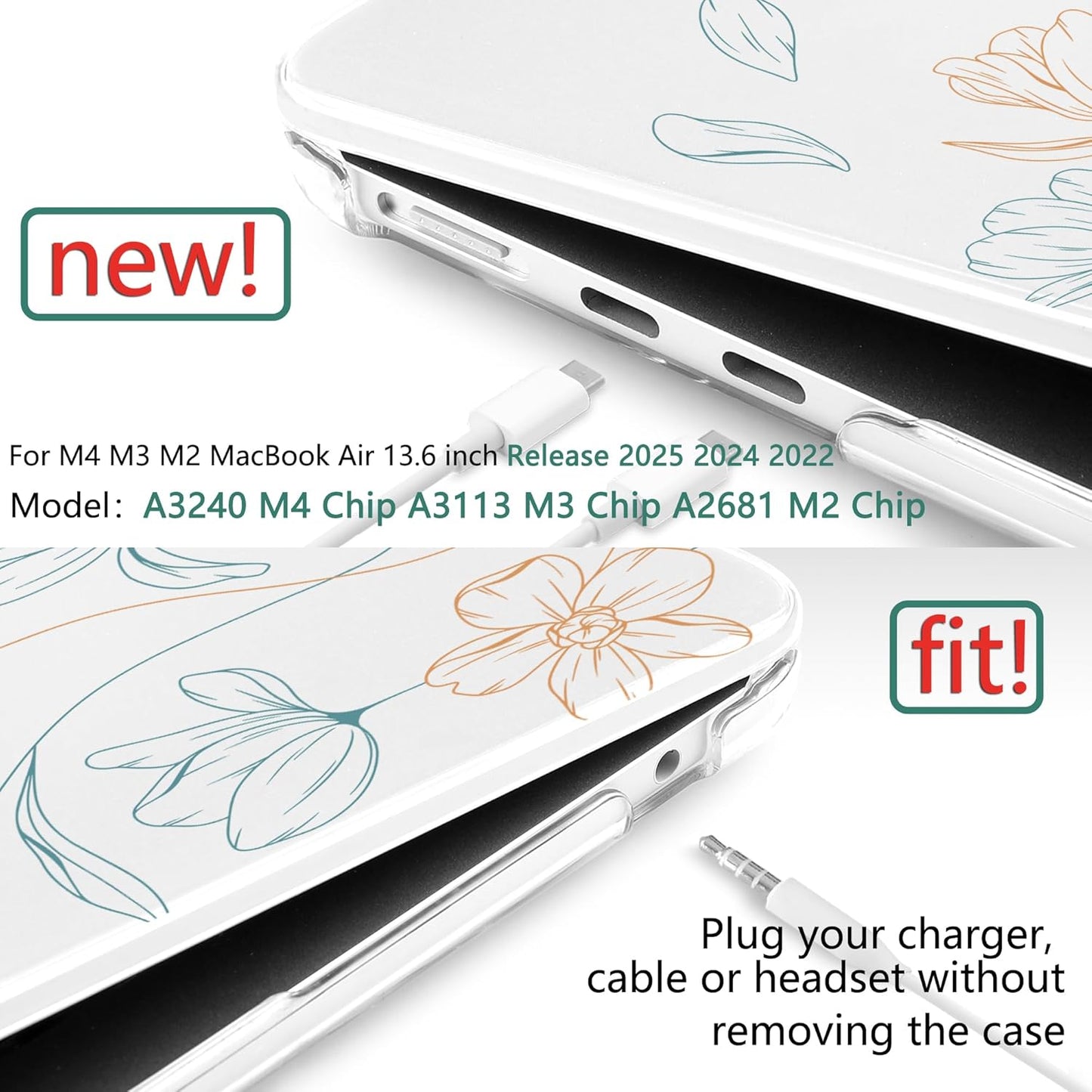 TWOLSKOO Compatible with M4 MacBook Air 13.6 inch Case 2025-2022 Release M4 A3240 M3 A3113 M2 A2681, Plastic Hard Shell & Keyboard Cover & Type C Adapter & Screen Protector, Engraved Floral