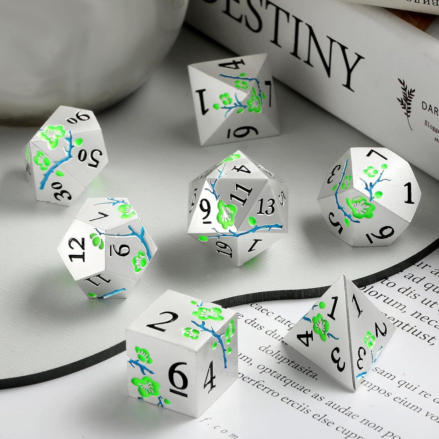 Glow in The Dark Metal Dice, DNDND 7 PCS Green Metallic D&D Dice Set with Gorgeous Gift Case for Dungeons and Dragon Tabletop Game (Glow in The Dark Green)