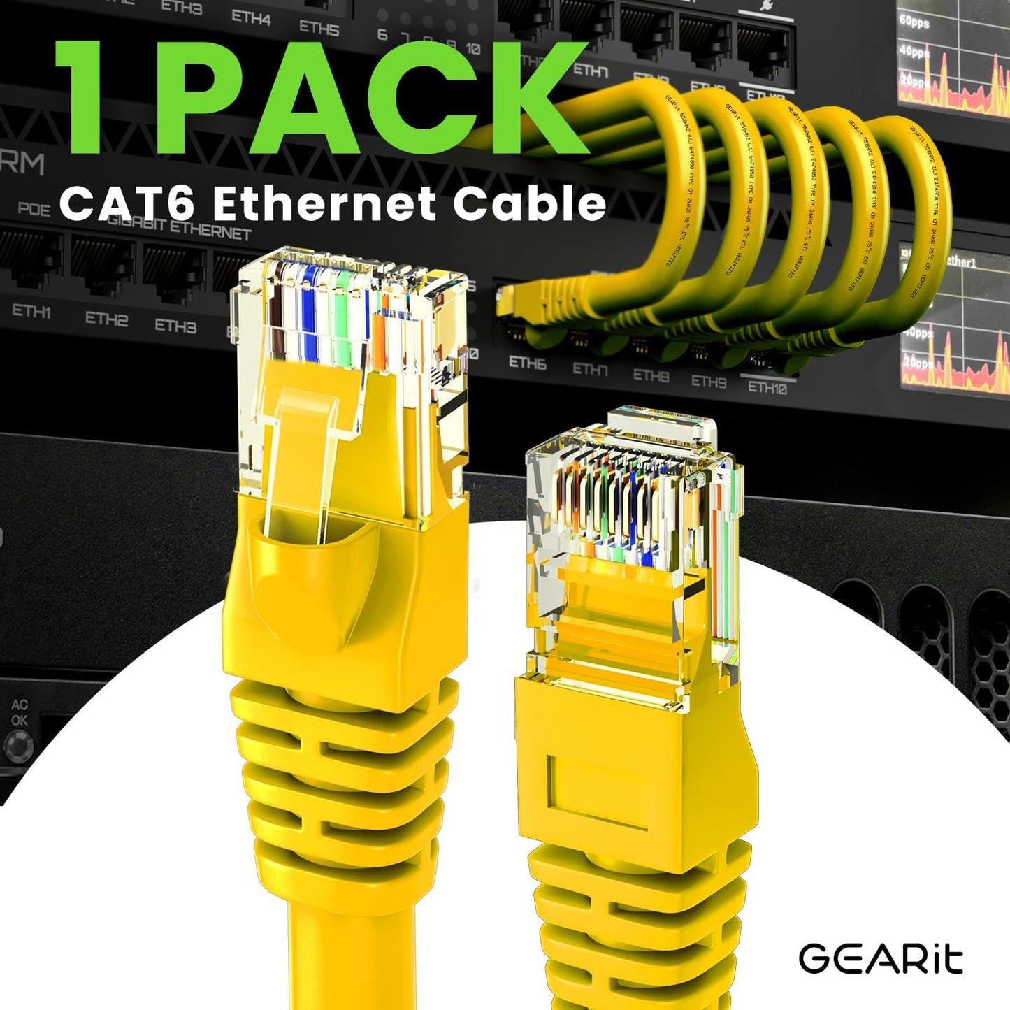 GEARit Cat 6 Ethernet Cable (1-Pack 50 Feet) Cat6 Network Patch, 10Gbps, RJ45, Snagless Cord, Gold-Plated Connectors, Internet for PC, TV, Tablet, Router, Printer, Servers, IT Data Center - Yellow