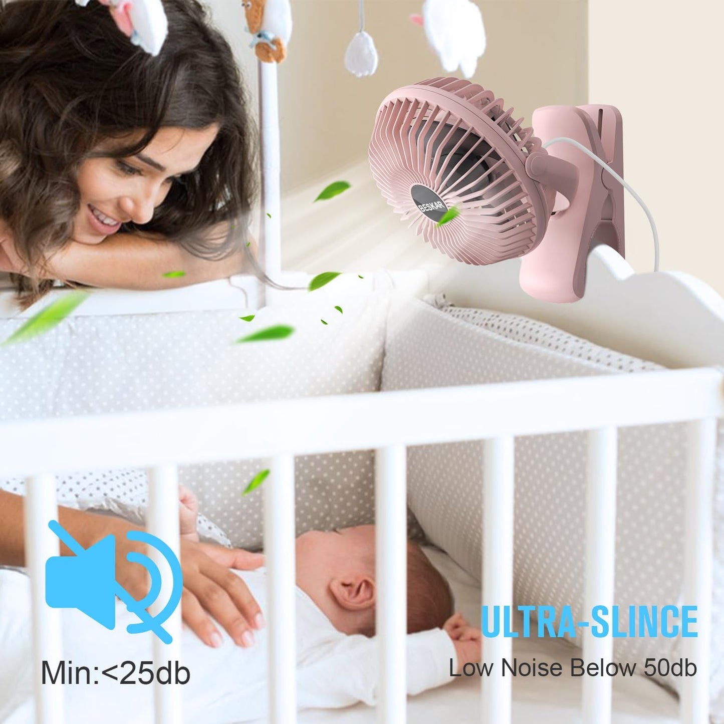 BESKAR Small Clip on Fan, 3 Speeds USB Fans with Strong Airflow, Clip & Desk Fans USB Plug in with Sturdy Clamp - Ultra Quiet operation Fan for Office Dorm Bedroom Stroller