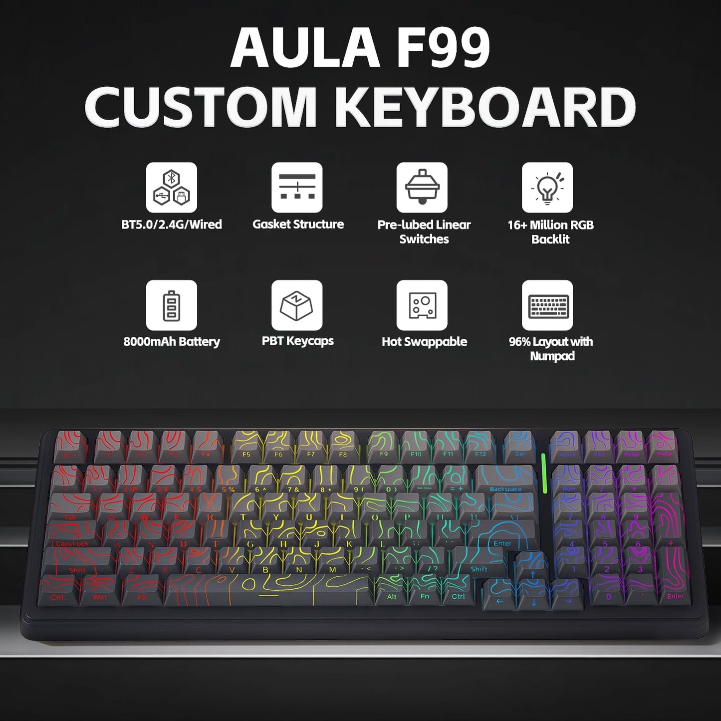 Aula F99 Keyboard Wireless Mechanical Keyboards Computer Bluetooth Gaming Keyboard Creamy Full Size Hot Swappable Custom RGB Backlit with 8000mAh Battery, Tri-Mode BT5.0/2.4GHz/USB-C (Gradient Grey)