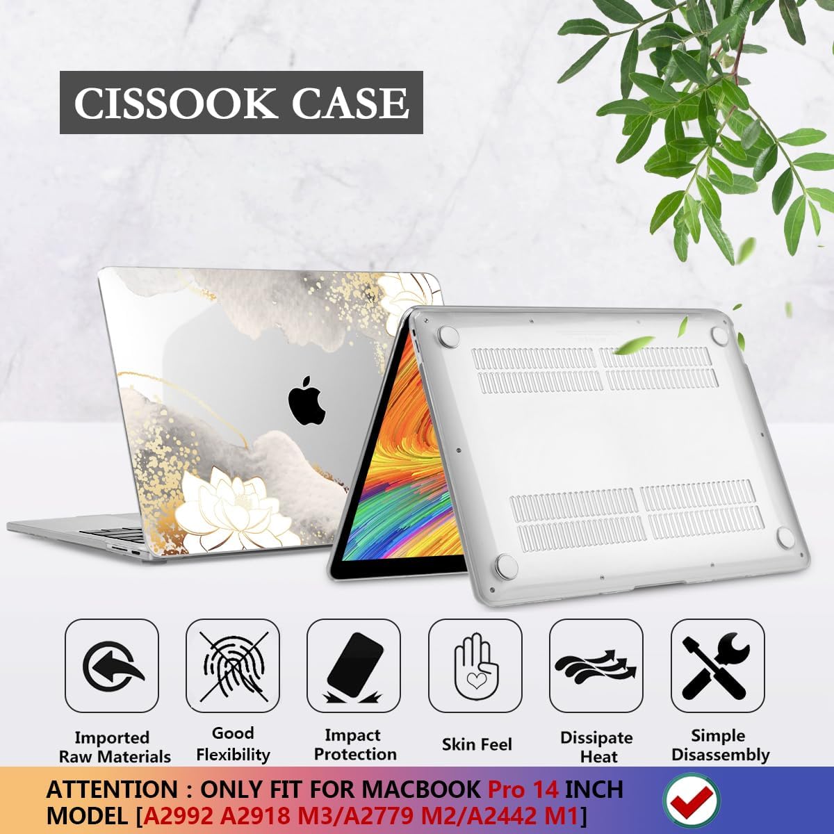 CISSOOK Compatible with MacBook Pro 14 inch Case 2024 2023-2021 Release Model: M4 A3112 A3185 A3401 M3 A2992 A2918 M2 A2779 A2442 M1 Pro/Max, Lotus Hard Shell Case for MacBook Pro 14 with Touch ID