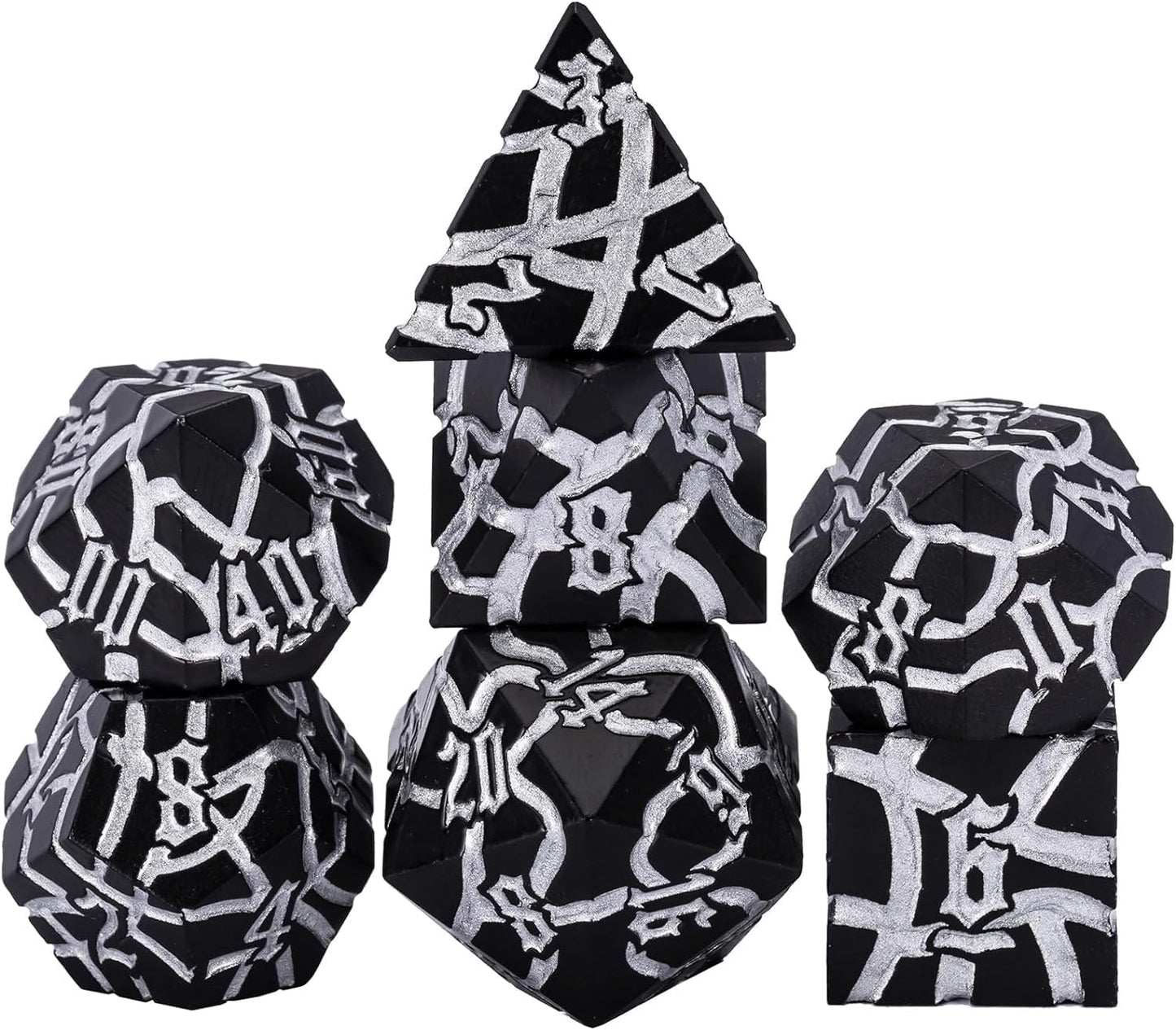 D&D Stripe Dice Set,Black Metal Dungeons and Dragons Dice Set with Box, Crack Polyhedral Dice for RPG Board Games (Matte Black Silver)