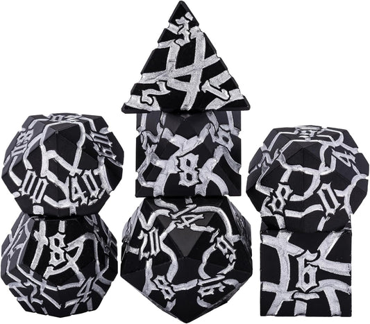 D&D Stripe Dice Set,Black Metal Dungeons and Dragons Dice Set with Box, Crack Polyhedral Dice for RPG Board Games (Matte Black Silver)