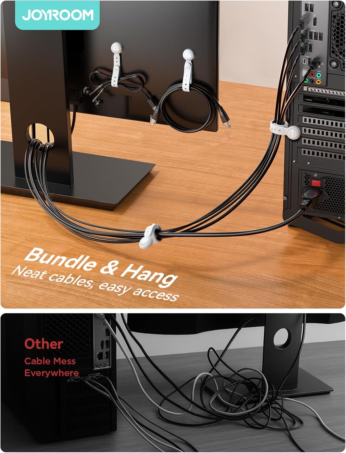 JOYROOM 12PCS Magnetic Cable Ties - Reusable Silicone Cord Organizer with Buckle Holes, Elastic Cable Management Straps for Data Cables, Charging Cords, and More (White)