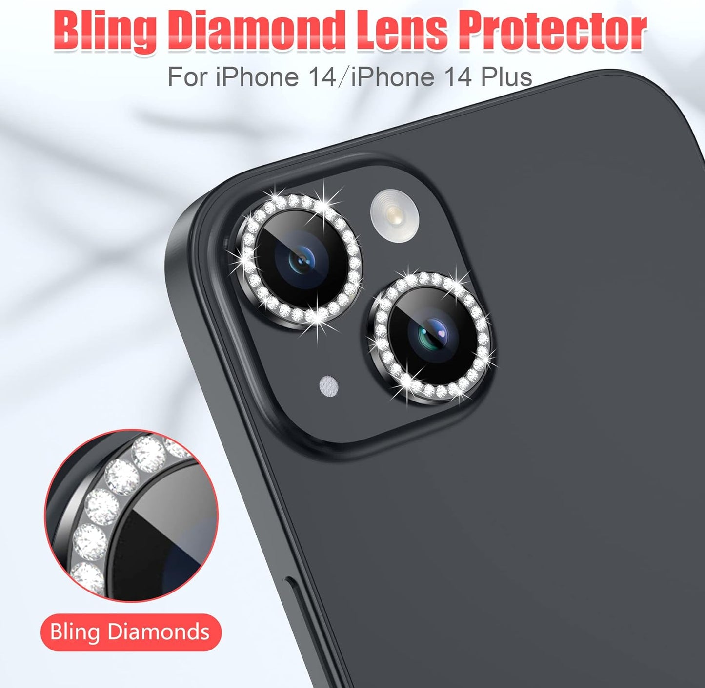 AGVEE 3+3 for iPhone 14 6.1" / 14 Plus 6.7" Camera Lens Protector, Bling Diamond & Bling Glitter Metal Ring 9H Tempered HD Glass Camera Protector Cover Film, Bling-Black