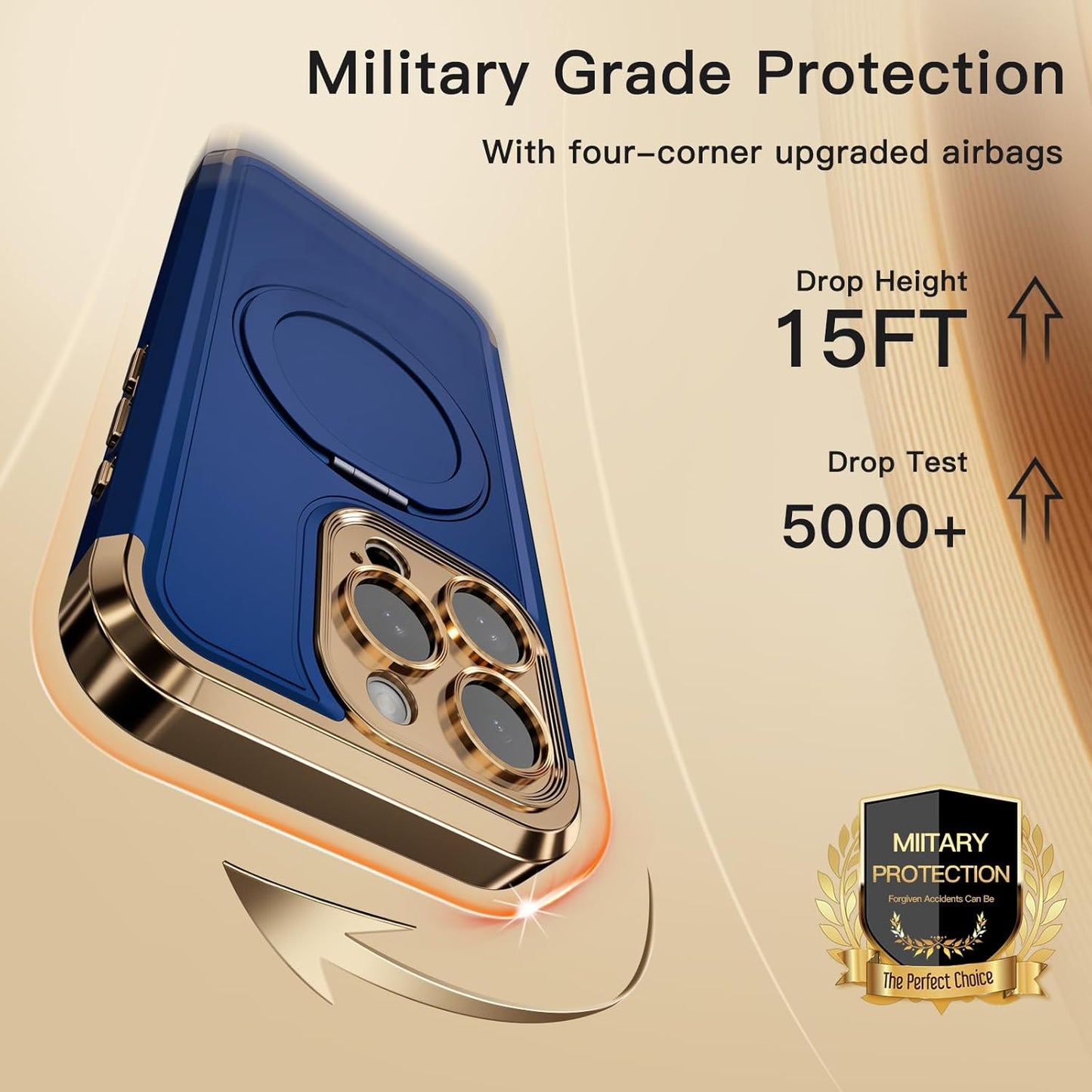 COOLQO for iPhone 14 Pro Case 6.1'' Upgraded 360° Spin Magnetic Stand [Compatible with Magsafe][Military Protection] Shockproof Protective Phone Holder Cover for iPhone 14 Pro, Blue Gold