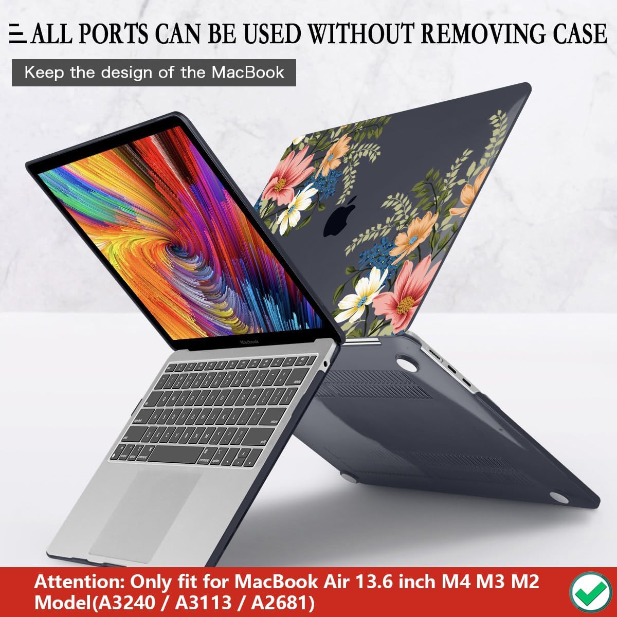 CISSOOK Compatible with MacBook Air 13.6 Inch Case 2025 2024 2023 2022, Plastic Hard Shell Case with Keyboard Cover for MacBook Air 13.6 M2 M3 M4 Chip A2681 A3113 A3240 Model, Retro Flower