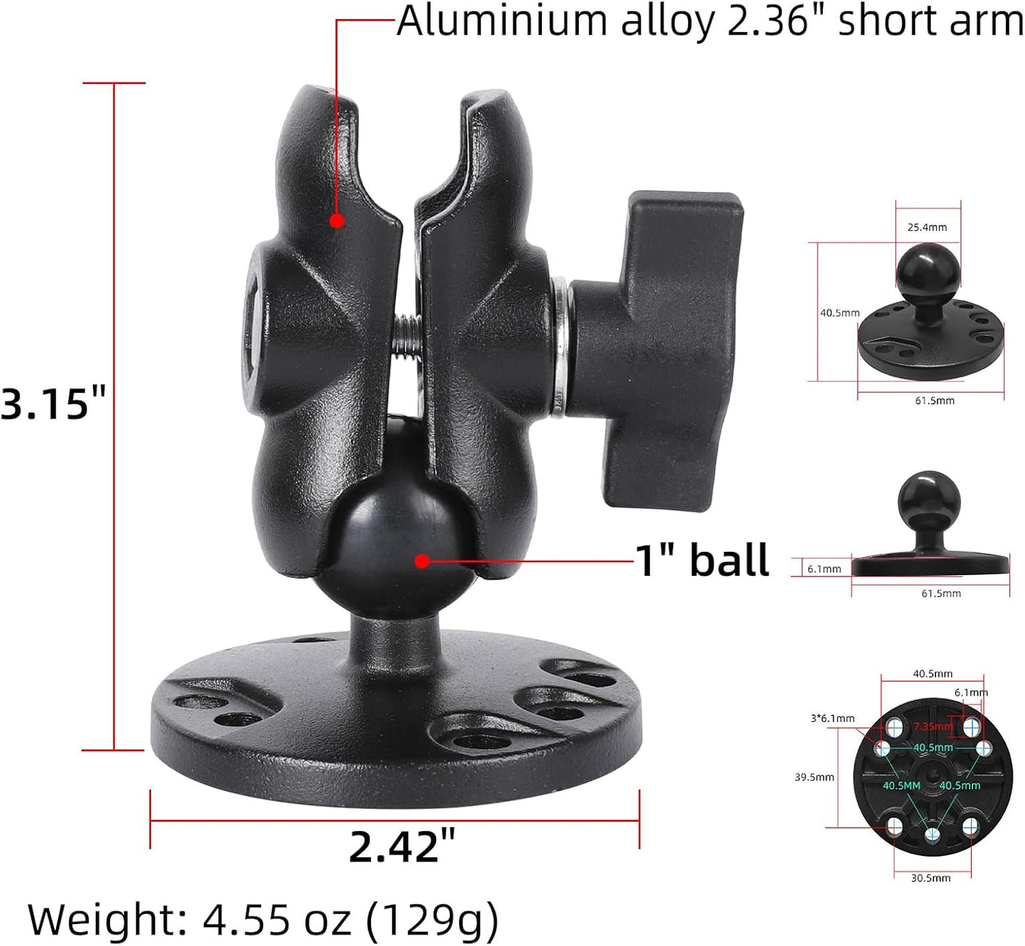 1" Ball Double Socket Arm with AMPS Hole Round Plate Base, Aluminum Alloy Arm&Drill Base, Compatible with RAM Mounts 1 Inch Ball Components, for Bike Car Motorcycle Phone Mount (3.15" Length)
