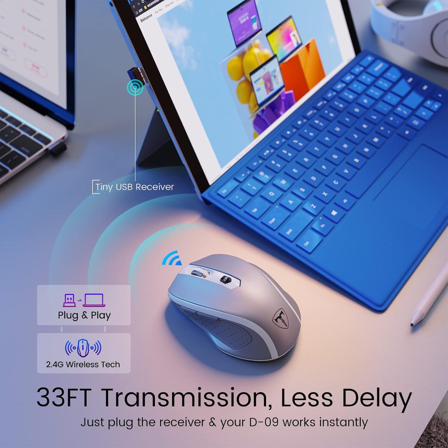 D-09 Wireless Mouse for Laptop - Ergonomic Plus Computer USB Cordless Mice, Ergo Grips, Lightspeed 5-Level 2400 DPI, 16 Months Battery Life, Portable for PC Mac Chromebook, 6 Button, Mithril