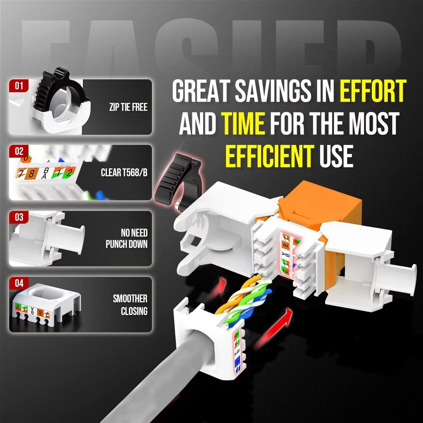 AMPCOM CAT6 RJ45 Keystone Jack - Reusable UTP Ethernet Wall Jack with Adjustable Ratchet Lock Design, No Tool and Zip Tie Required - 50u Gold Plated - Orange (2-Pack)