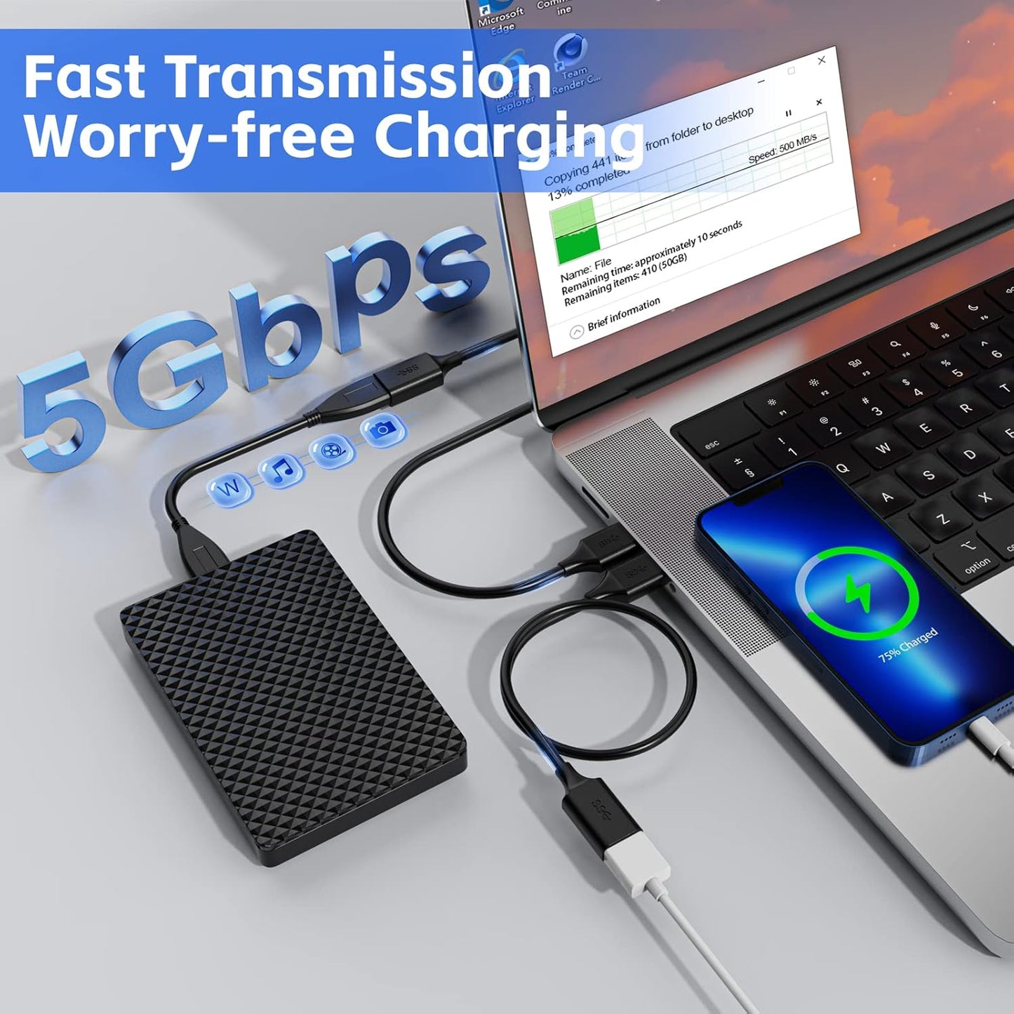 2 Pack USB 3.0 Extension Cable - 5FT USB A Male to Female, Compatible with Flash Drive, Hard Drive, Card Reader, Webcam, Printer, Keyboard, Mouse, Playstation, Xbox, VR Headset