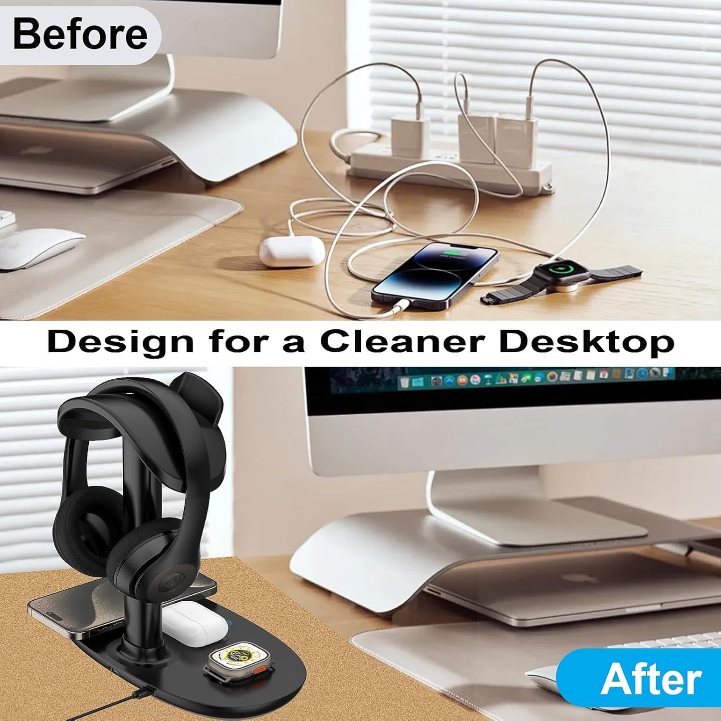 Airpod Max Charger Stand with 15w Wireless Charger, Suguder 4 in 1 Headset Holder for Apple Accessories Charging with AirPods Max/Pro/iWatch/iPhone/Vision Pro, Headphones Stand for Desk Organizer