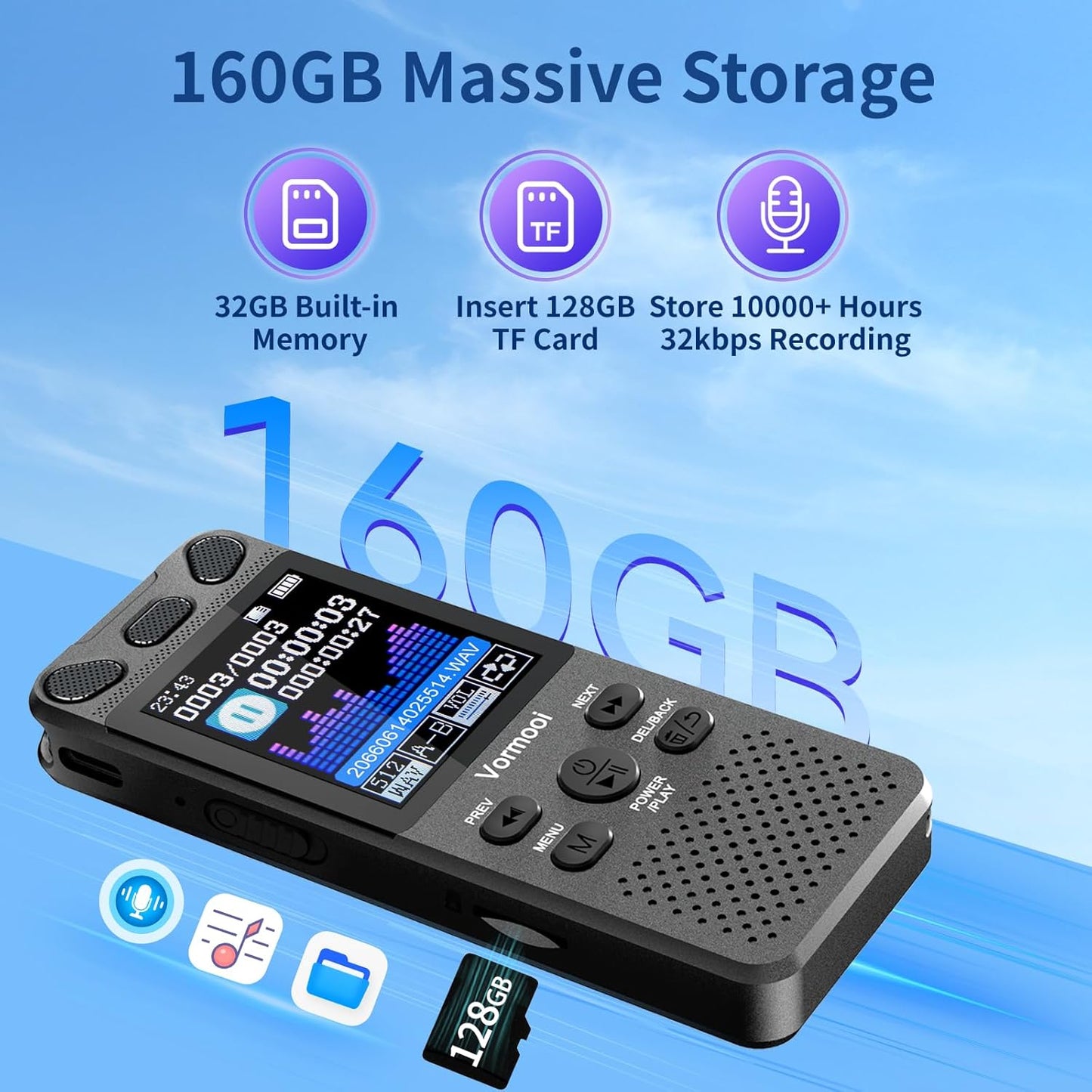 160GB Digital Voice Recorder with Playback - 110 Hours Ultra-Long Continuous Recording, Vormooi 1536Kbps Voice Activated Audio Recorder with External Microphone for Lecture Interview Meeting