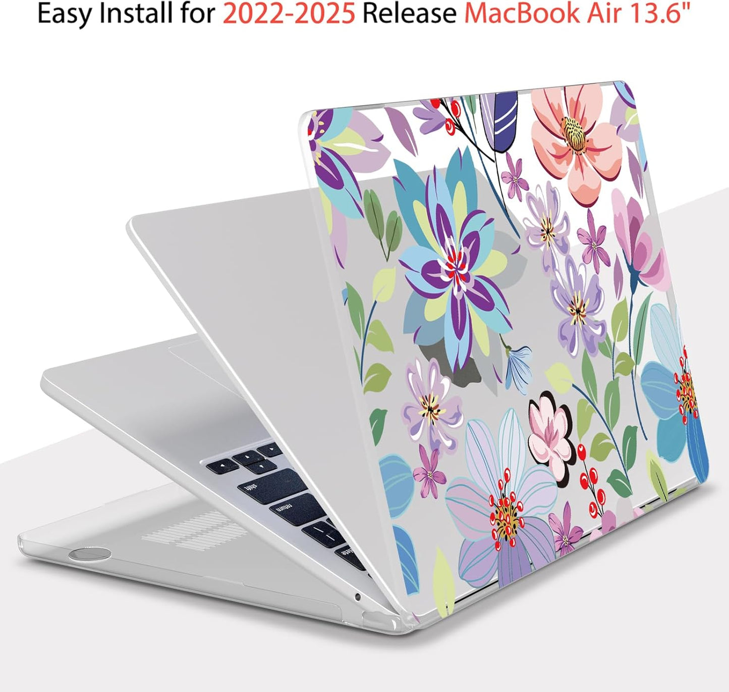 Teryeefi for M4 M3 M2 MacBook Air 13 inch Case 2025 2024 2023 2022 Release A3240 A3113 A2681 Model, for 13.6 inch MacBook Air Hard Shell Case + Keyboard Cover +Type C Adapter, Pretty Flowers Clear-104