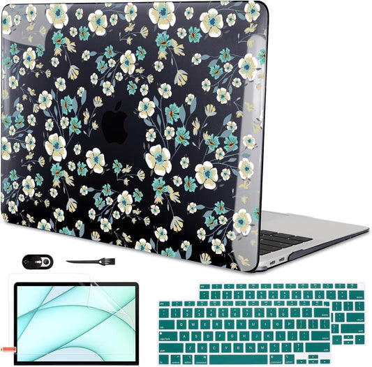 for MacBook Air 13 inch Case 2021 2020 2019 2018 Release M1 A2337 A2179 A1932, Pritned Pattern Plastic Hard Case Cover for MacBook Air 13 M1 with Retina Display Touch ID, Small Green Flowers