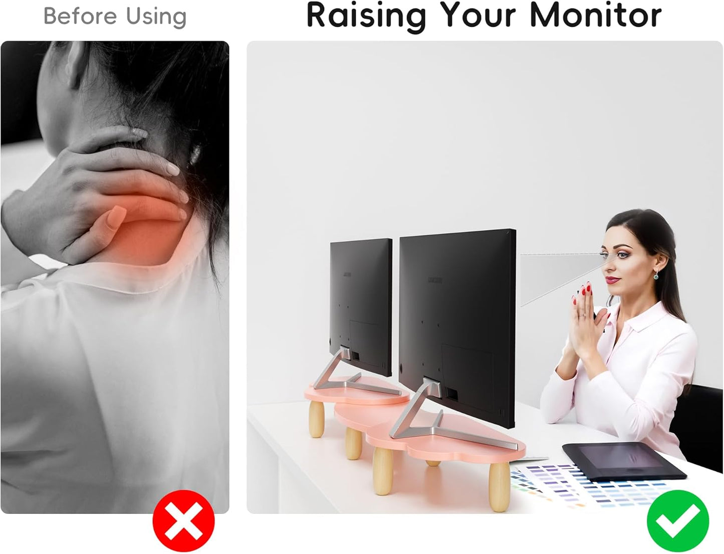 Dual Monitor Stand Riser, Adjustable Rainbow Cloud Desktop Organizer for 2 Monitors, Flexible Length & Angle Computer Stand for Laptop, PC, Printer, Home Office Use - Pink