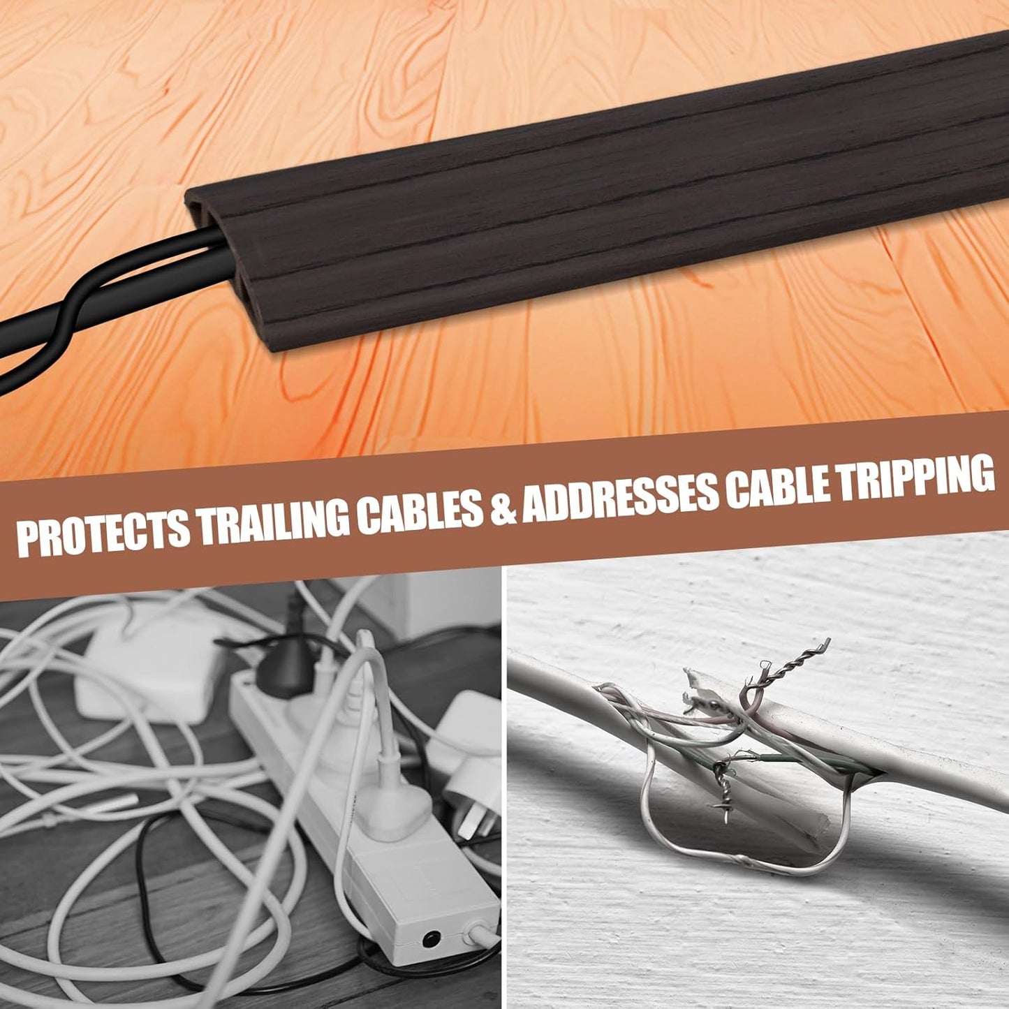 Floor Cord Cover Self Adhesive Cord Hider,20FT Cable Management, Extension Strip Protector for Wires, Prevent Cable Trips for Offices, Gyms, Exhibitions Cavity:0.39"(W) x 0.27"(H) Black Wood