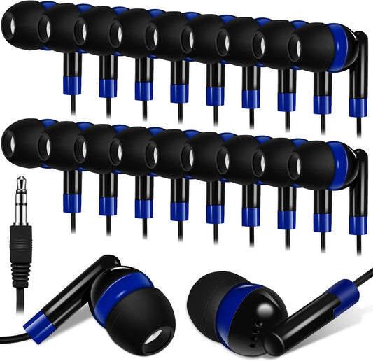 Kanayu 100 Pack Wired Earbuds Bulk for Classroom Ear Headphones Wired Basic Student Earbuds No Microphone with 3.5mm Jack for Kids Class Laptop School Library, Individually Bagged(Dark Blue)