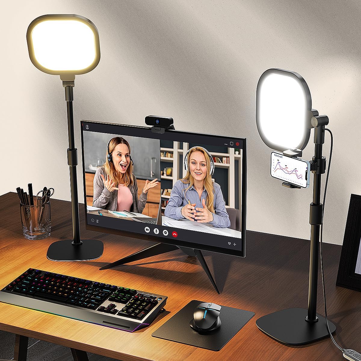 2Pcs Desktop Video Conference Lighting for Zoom Meeting, Computer, Laptop, Work from Home with Nature Soft Light, Adjustable Brightness & Color Temp and Flexible Stand & Versatile Phone Holder