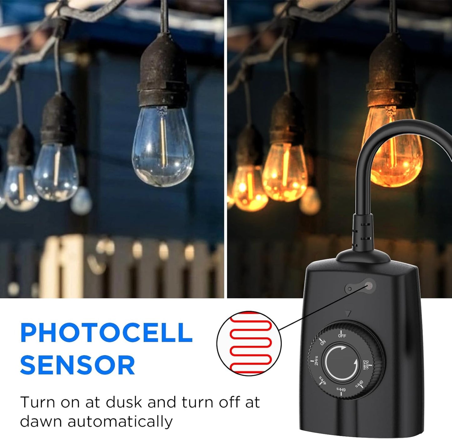 G-Homa Outdoor Timer, Dusk to Dawn Timer, Outdoor Light Timers Waterproof, 2 Grounded Outlets Timers for Christmas Lights, 15A 1/2HP, CSA Listed, Light Sensor Timer 2Pack, Black, OT1004D