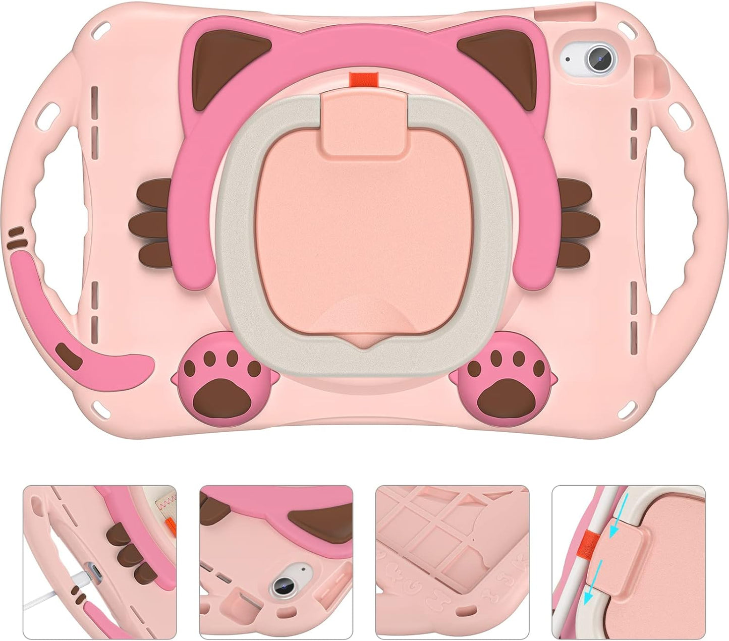 BRAECN Cute Cat Case for iPad (A16) 11th/10th Generation 11”/10.9'' 2025/2022, Silicone Kids Boys Girls Case with Pencil Holder, Carrying Shoulder Strap, 360°Rotating Handle Grip, Kickstand -Pink