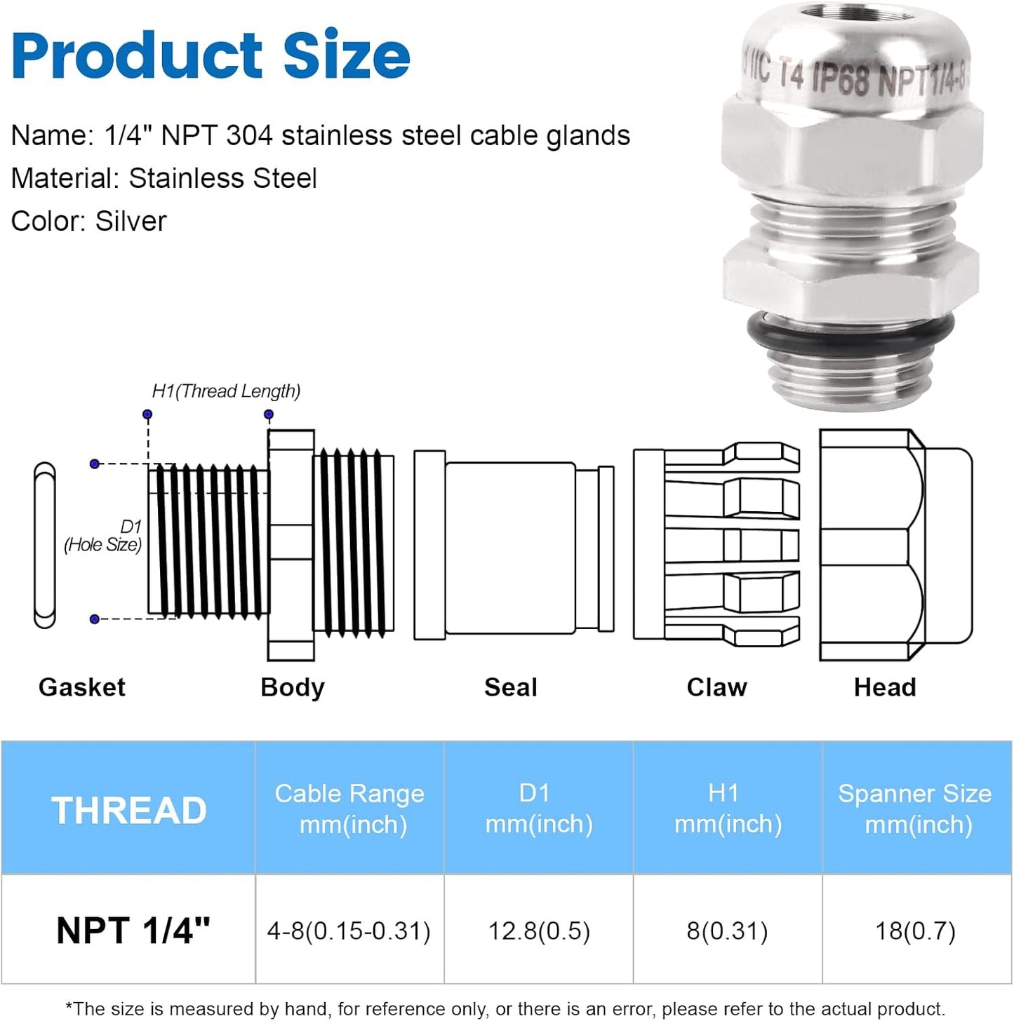 2 Pcs 1/4" NPT Stainless Steel Waterproof Cable Gland, IP68 Waterproof Adjustable Cable Glands, Strain Relief Cord Grip Connectors with Gaskets and Locknut for 4-8mm Cable Diameter
