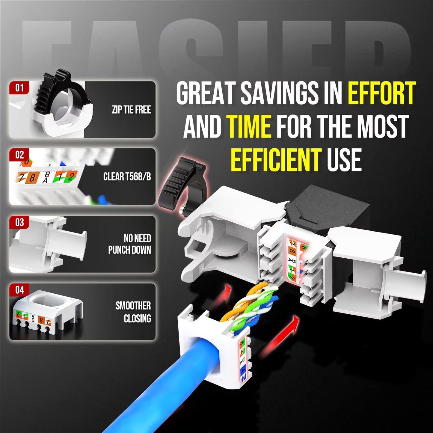 AMPCOM CAT6 RJ45 Keystone Jack - Reusable UTP Ethernet Wall Jack with Adjustable Ratchet Lock Design, No Tool and Zip Tie Required - 50u Gold Plated - Black (12-Pack)